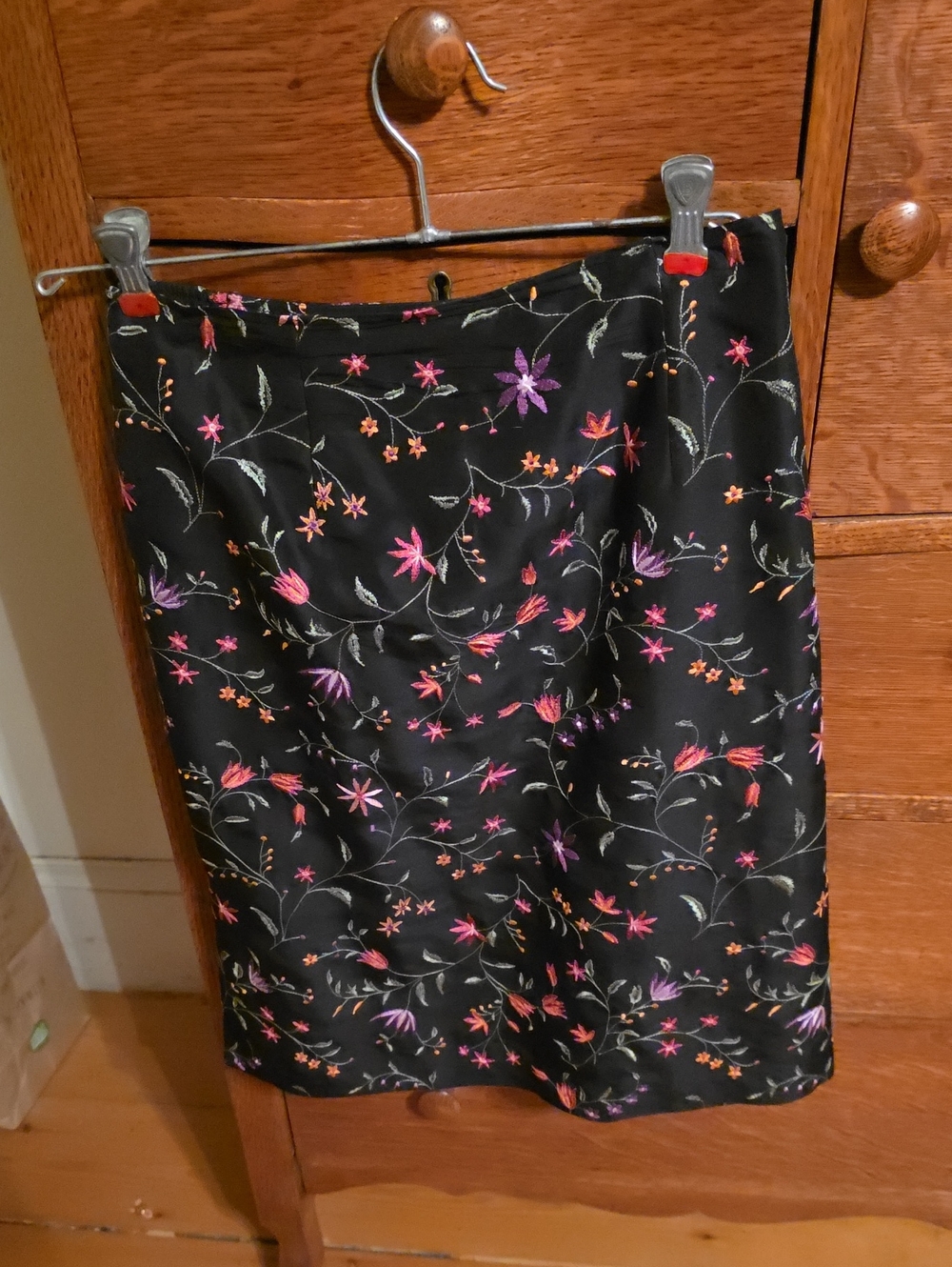 Coldwater Creek Black Pencil Skirt with Pink & Purple Floral Embroidery